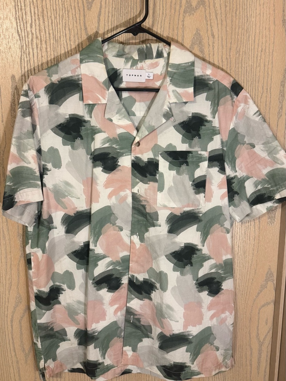 Topman Camp Collar Short Sleeve Shirt in Green, Pink & White Brushstroke